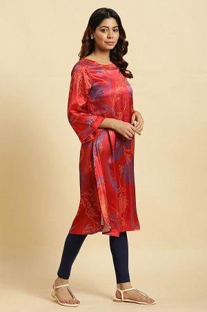W for Woman Red Bold Floral Printed Satin A-Line Kurta