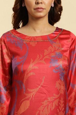 W for Woman Red Bold Floral Printed Satin A-Line Kurta