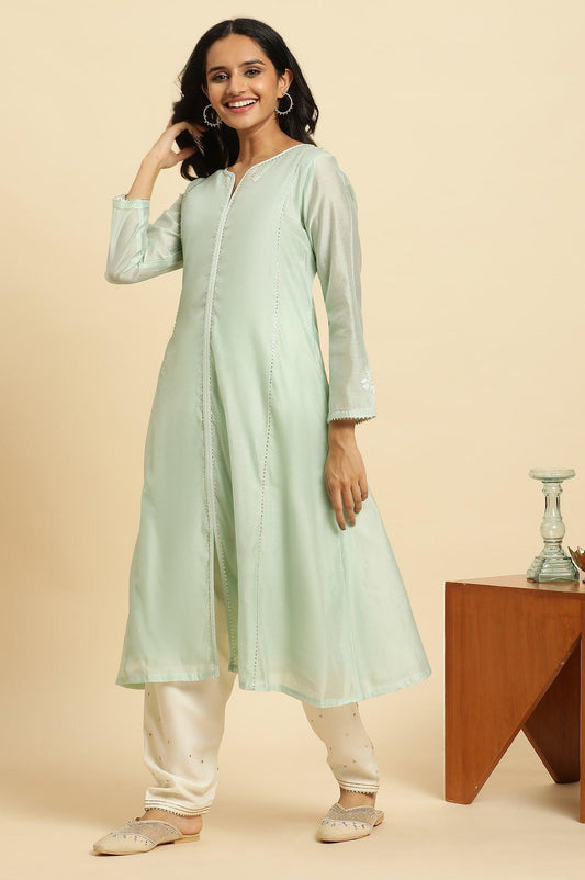 W for Woman Mint Green Panelled Chanderi Kurta
