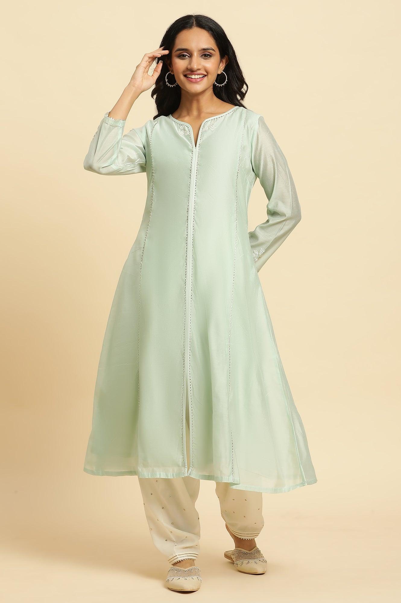W for Woman Mint Green Panelled Chanderi Kurta