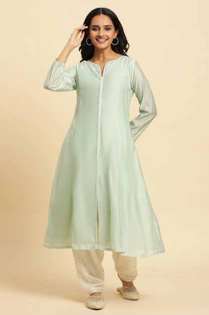 W for Woman Mint Green Panelled Chanderi Kurta