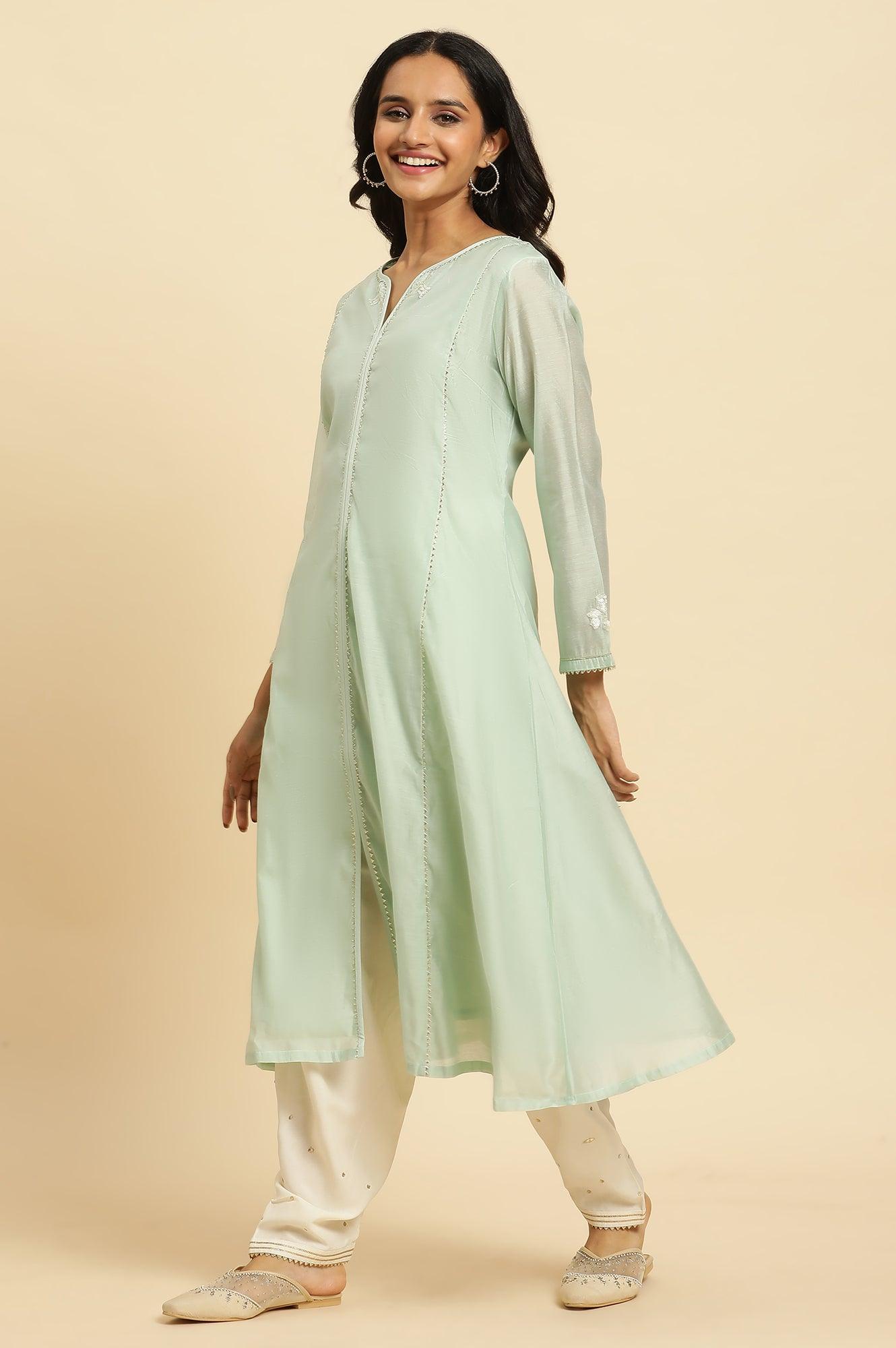 W for Woman Mint Green Panelled Chanderi Kurta