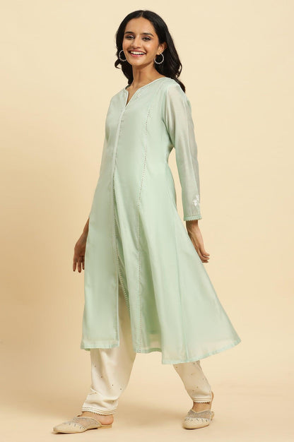 W for Woman Mint Green Panelled Chanderi Kurta