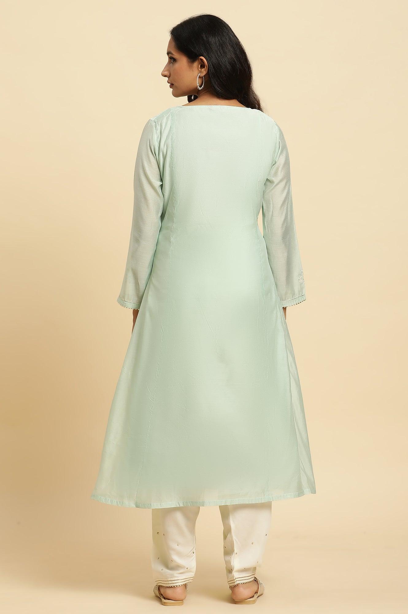W for Woman Mint Green Panelled Chanderi Kurta
