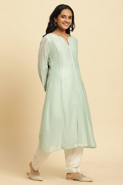 W for Woman Mint Green Panelled Chanderi Kurta
