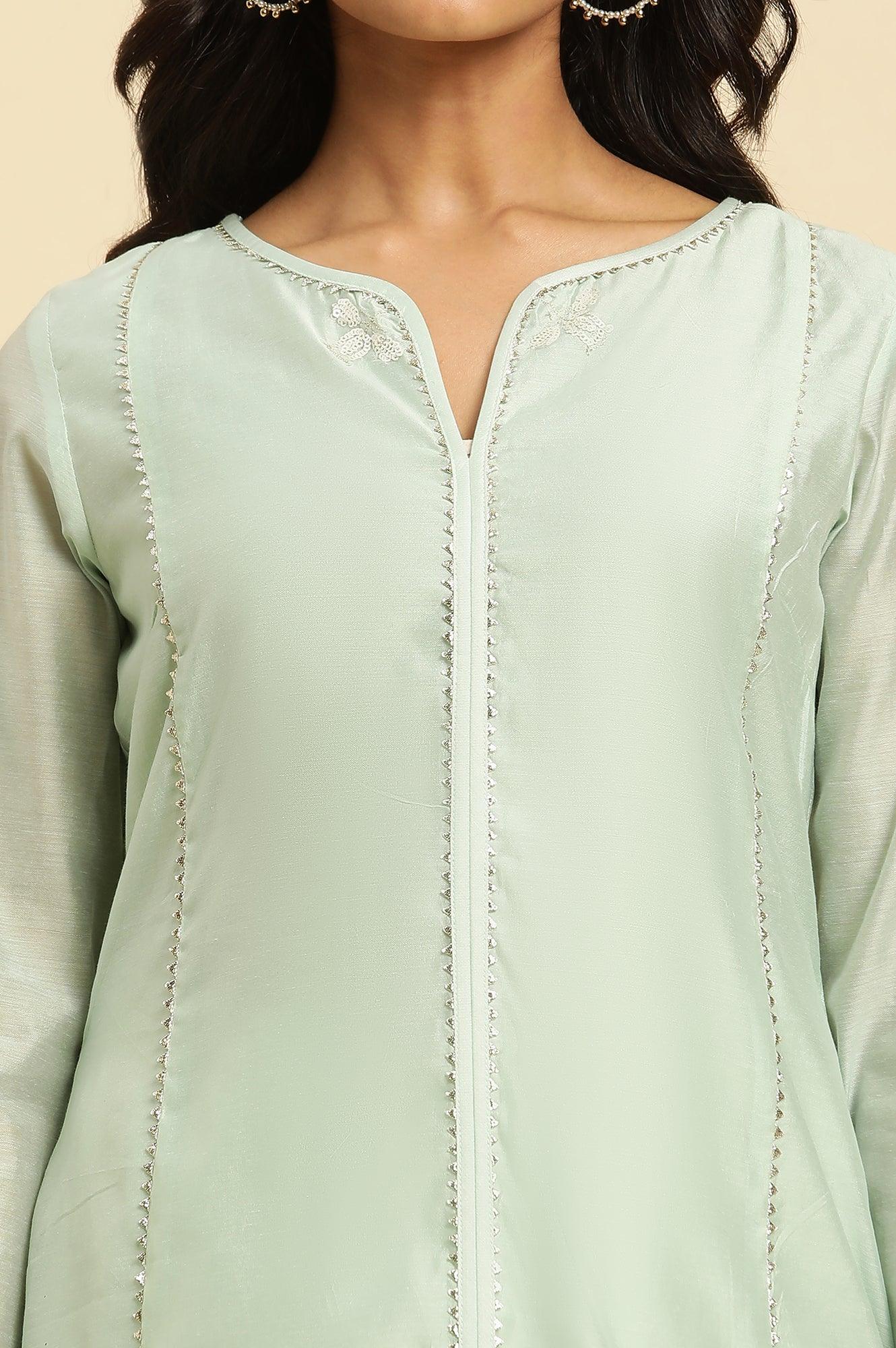 W for Woman Mint Green Panelled Chanderi Kurta