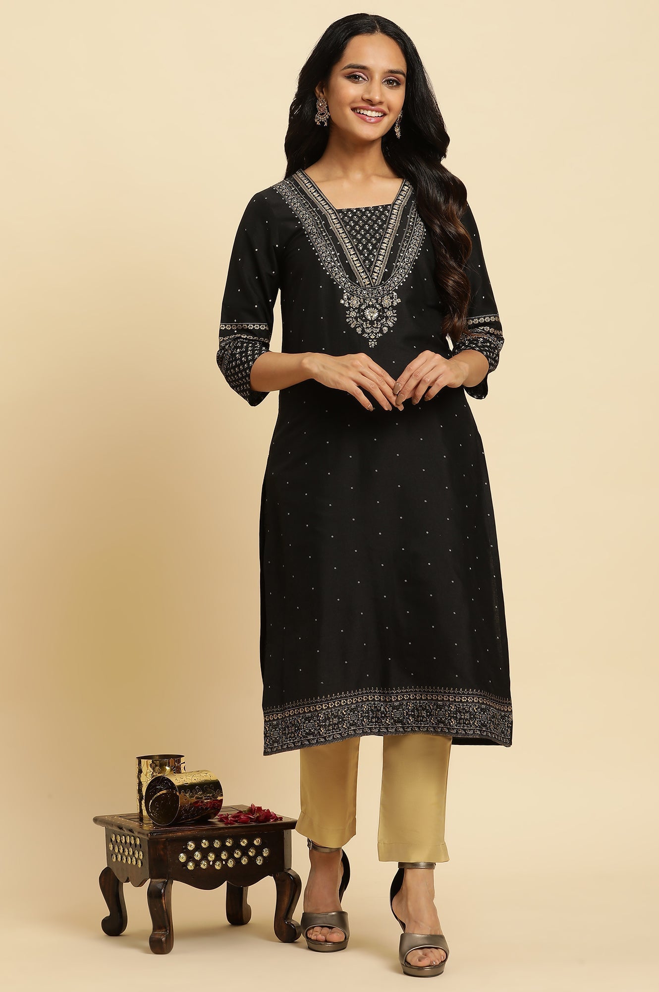 W for Woman Black Embellished Straight Festive Kurta