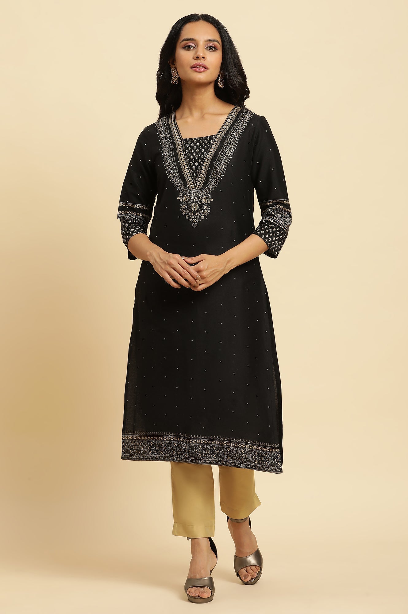 W for Woman Black Embellished Straight Festive Kurta