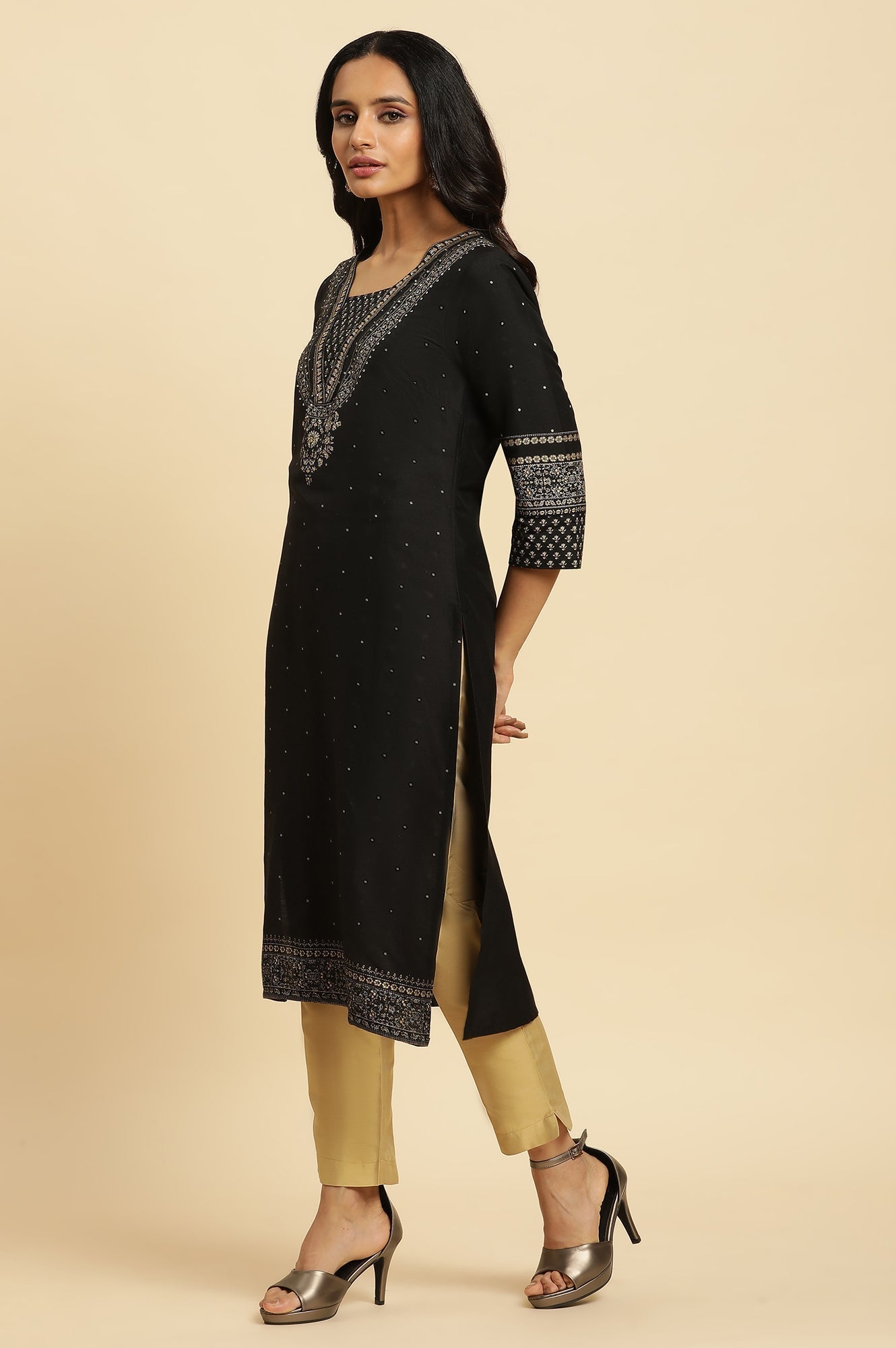 W for Woman Black Embellished Straight Festive Kurta