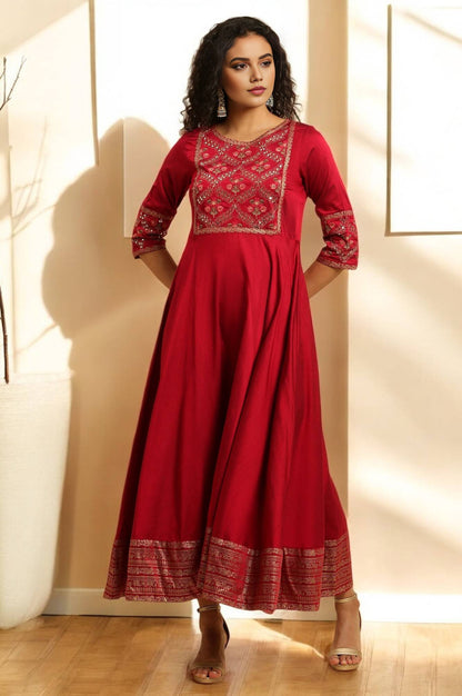W for Woman Red Panelled Embroidered Festive Dress