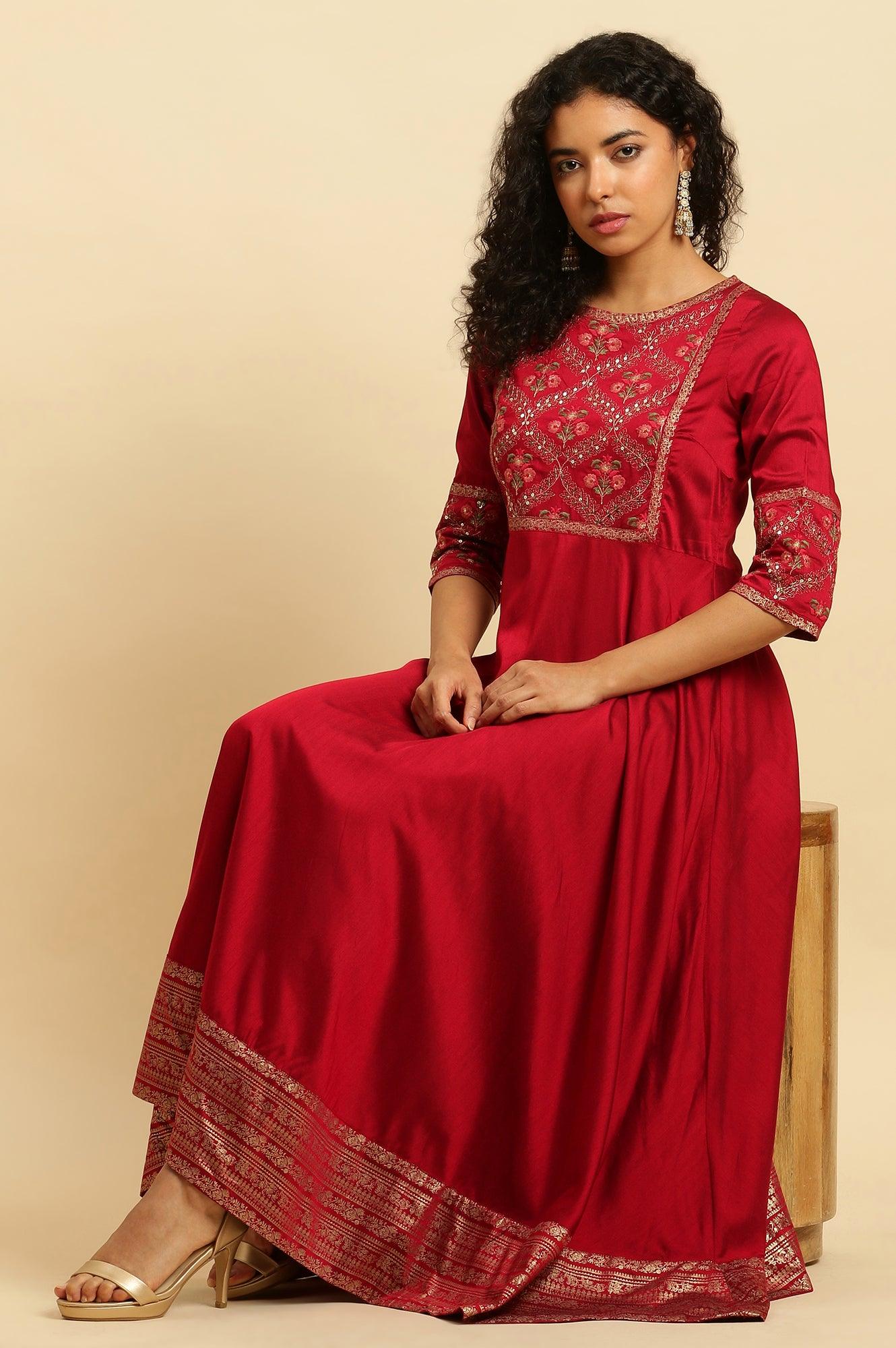 W for Woman Red Panelled Embroidered Festive Dress