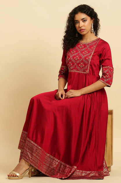 W for Woman Red Panelled Embroidered Festive Dress