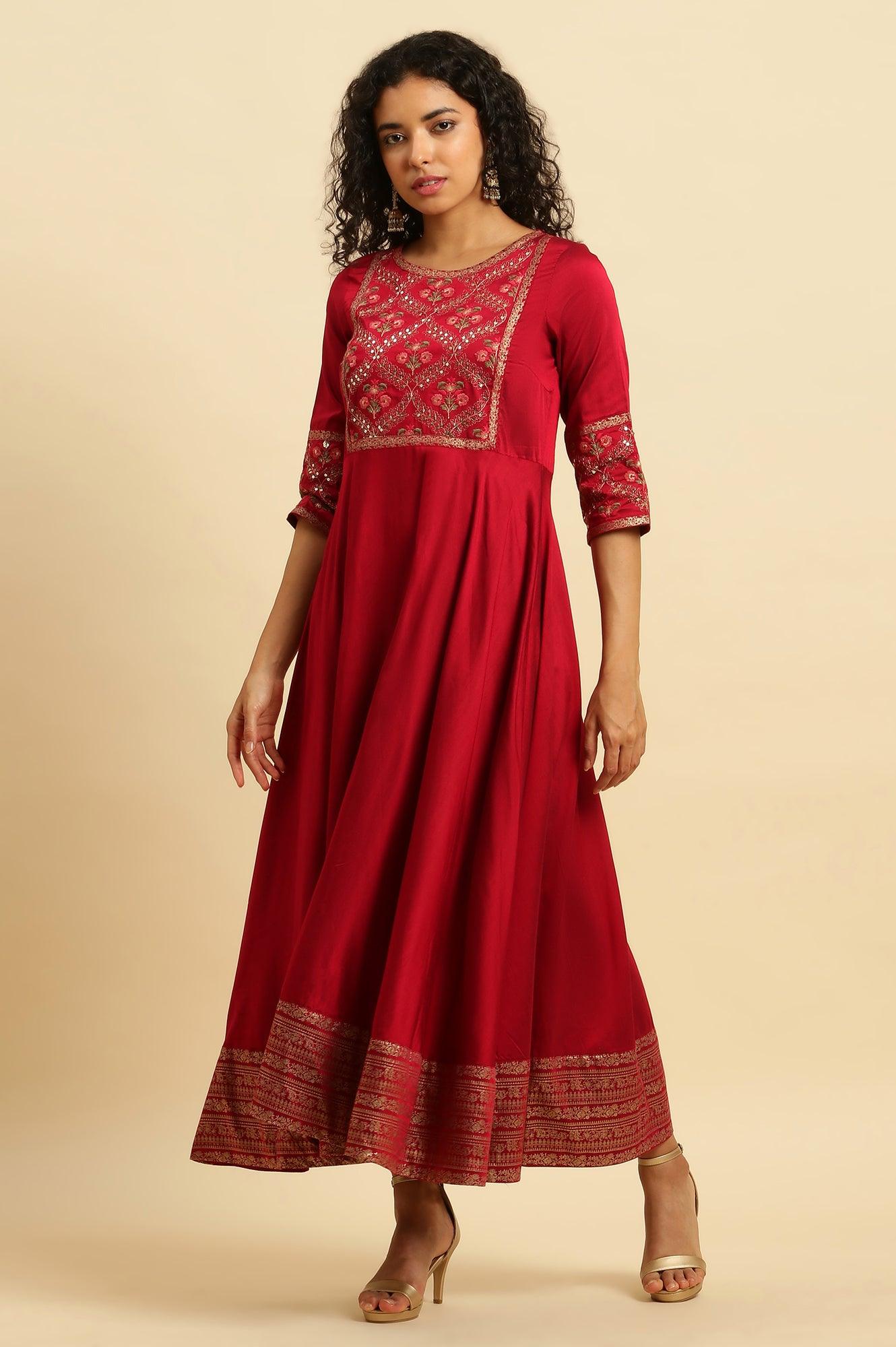 W for Woman Red Panelled Embroidered Festive Dress