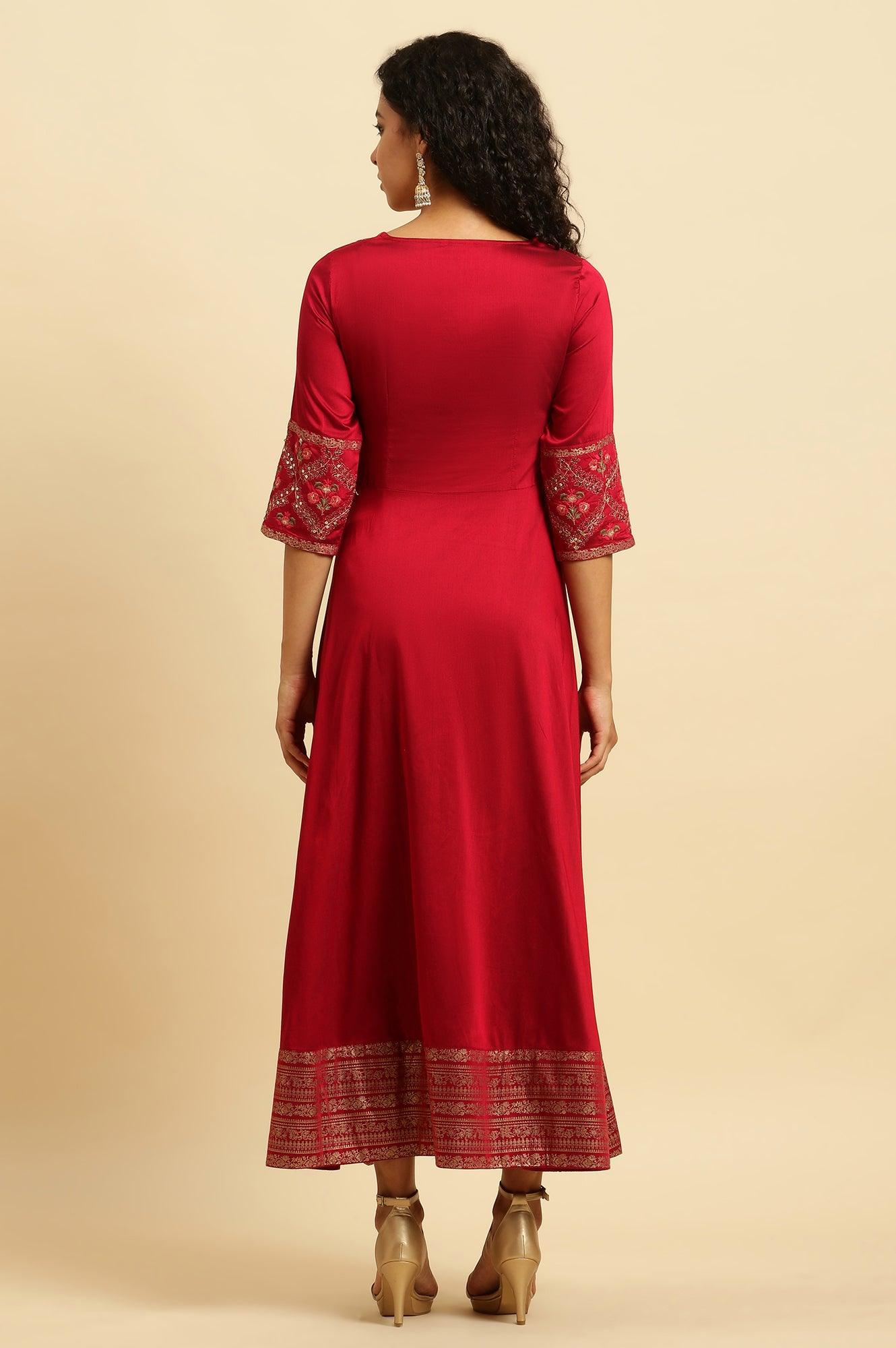 W for Woman Red Panelled Embroidered Festive Dress