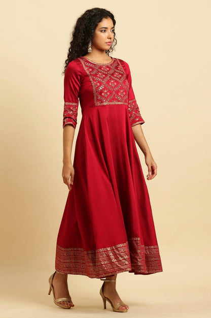 W for Woman Red Panelled Embroidered Festive Dress