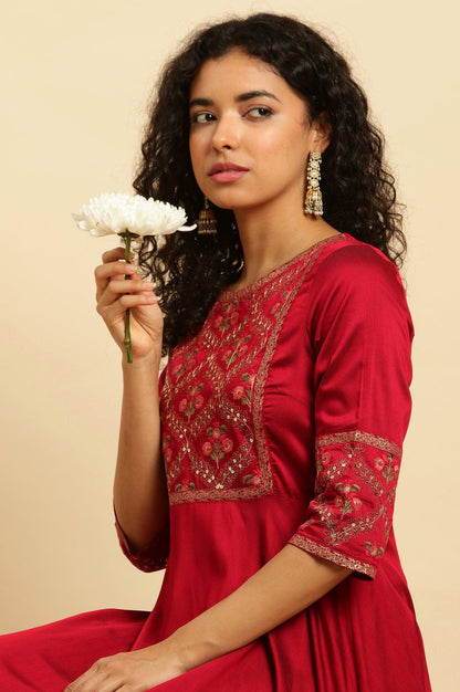 W for Woman Red Panelled Embroidered Festive Dress