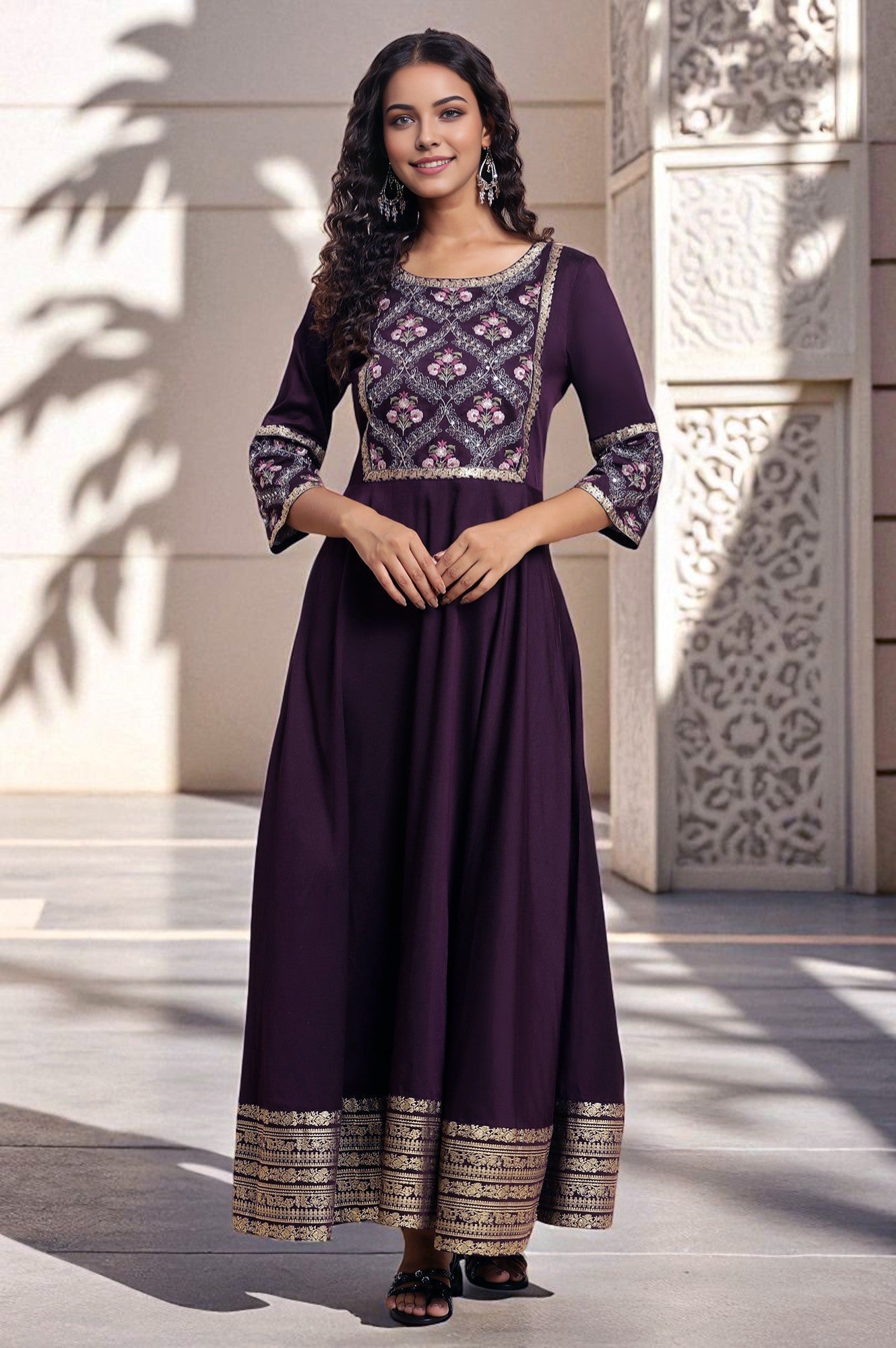 W for Woman Purple Embroidered Festive Panelled Dress
