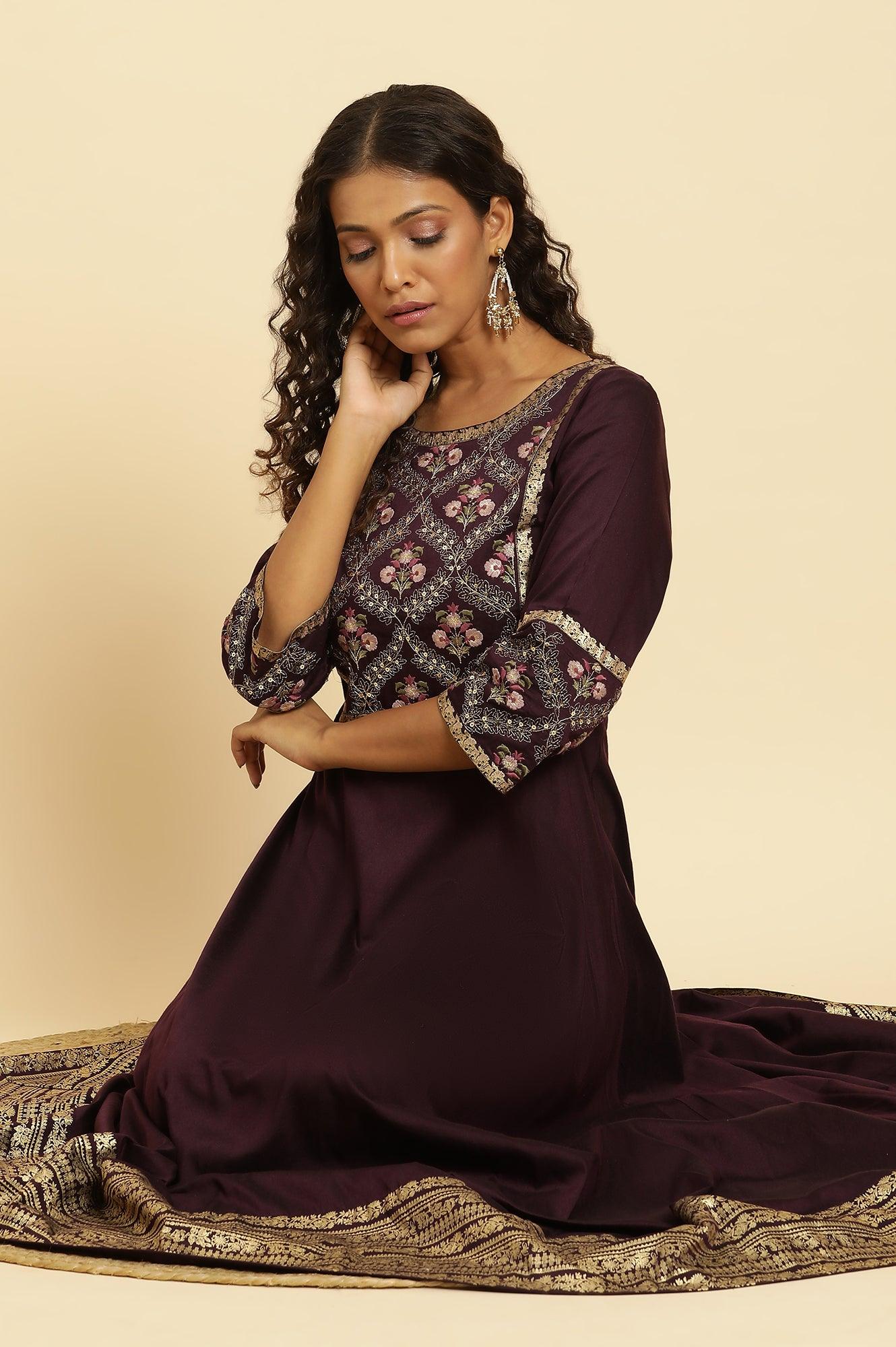 W for Woman Purple Embroidered Festive Panelled Dress