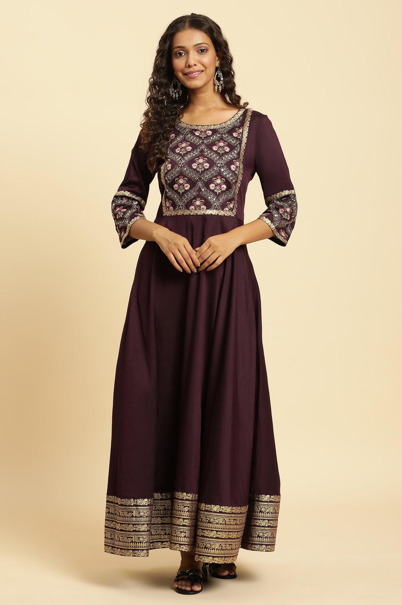 W for Woman Purple Embroidered Festive Panelled Dress