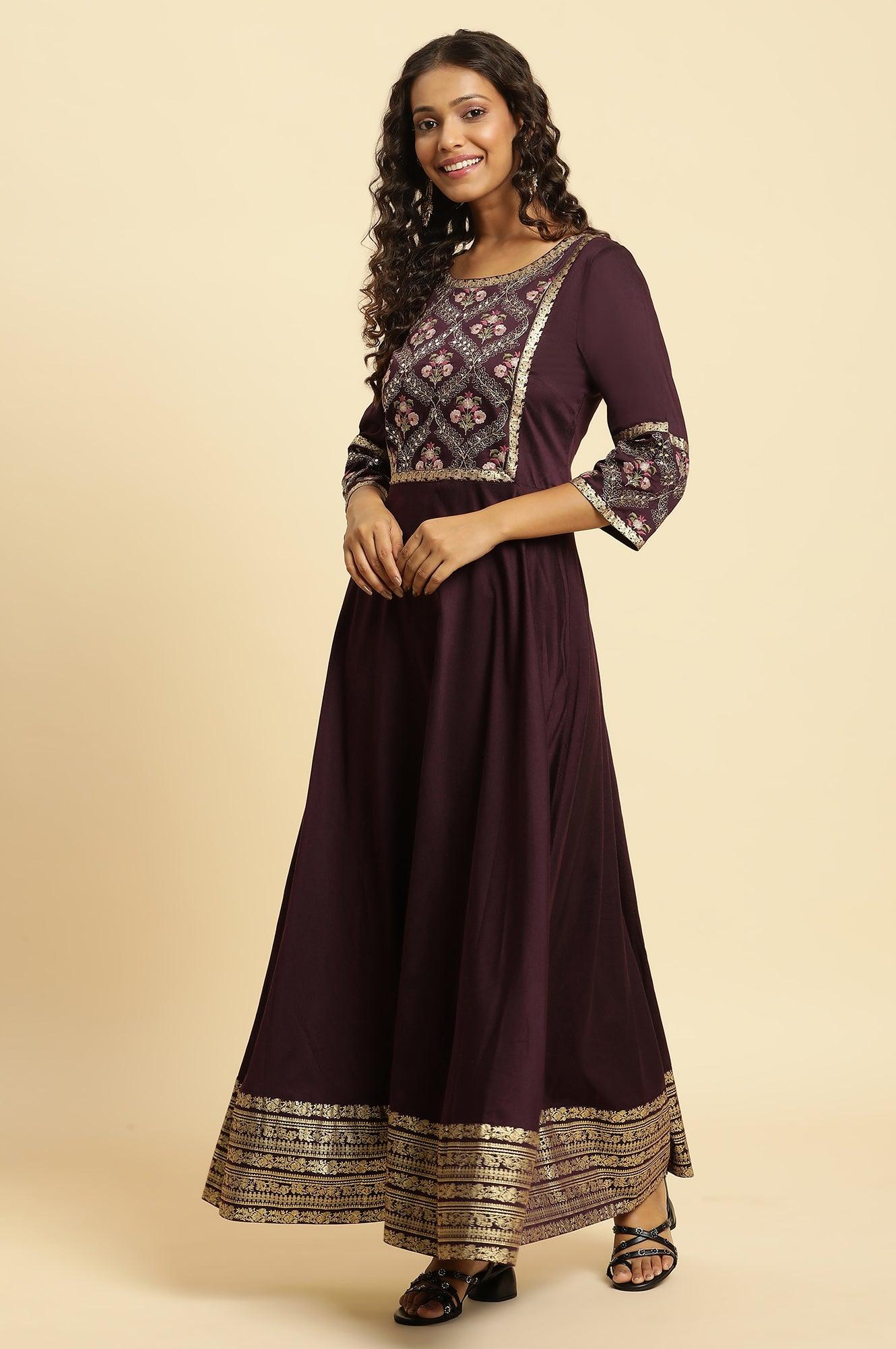 W for Woman Purple Embroidered Festive Panelled Dress