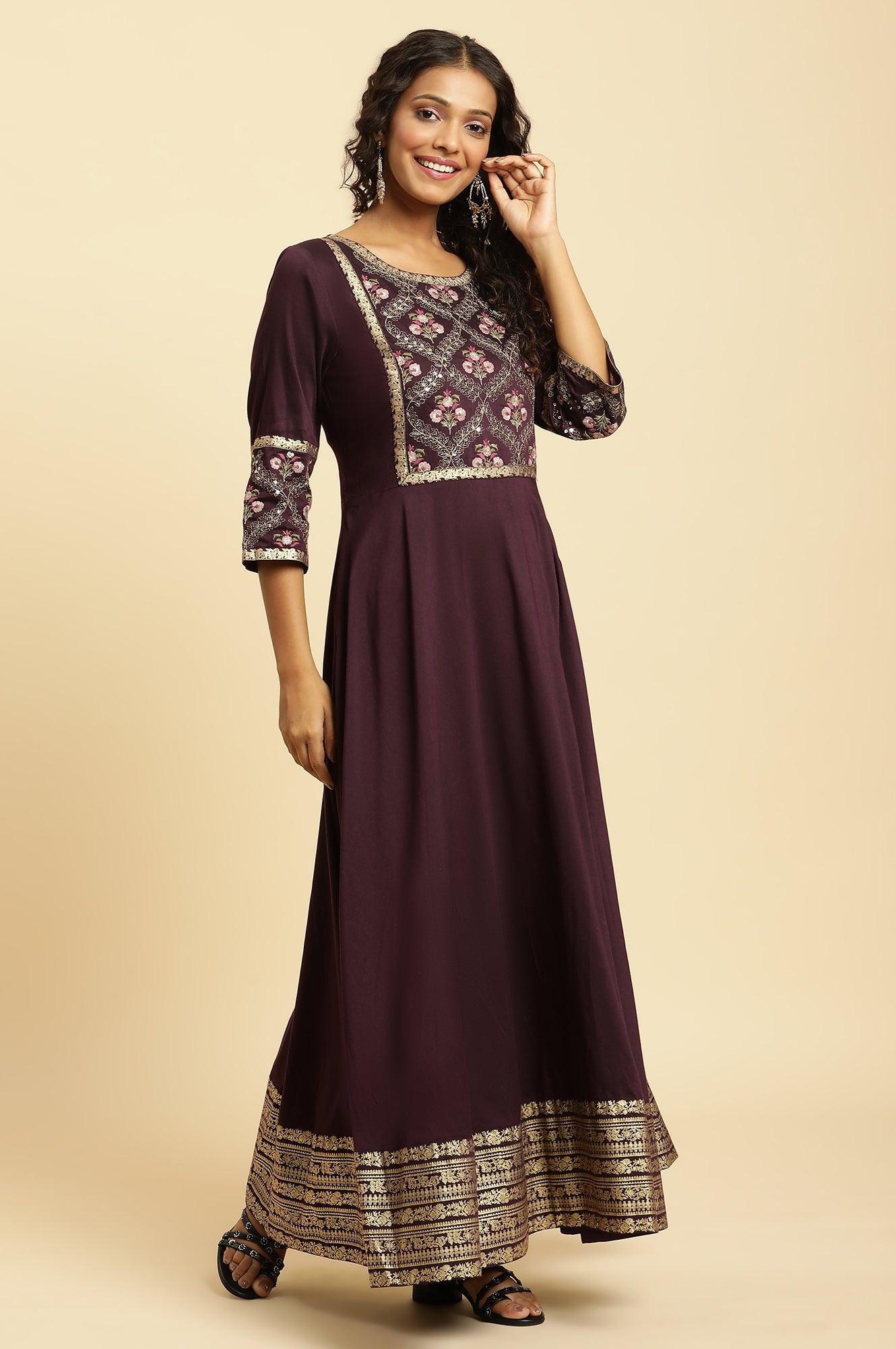 W for Woman Purple Embroidered Festive Panelled Dress