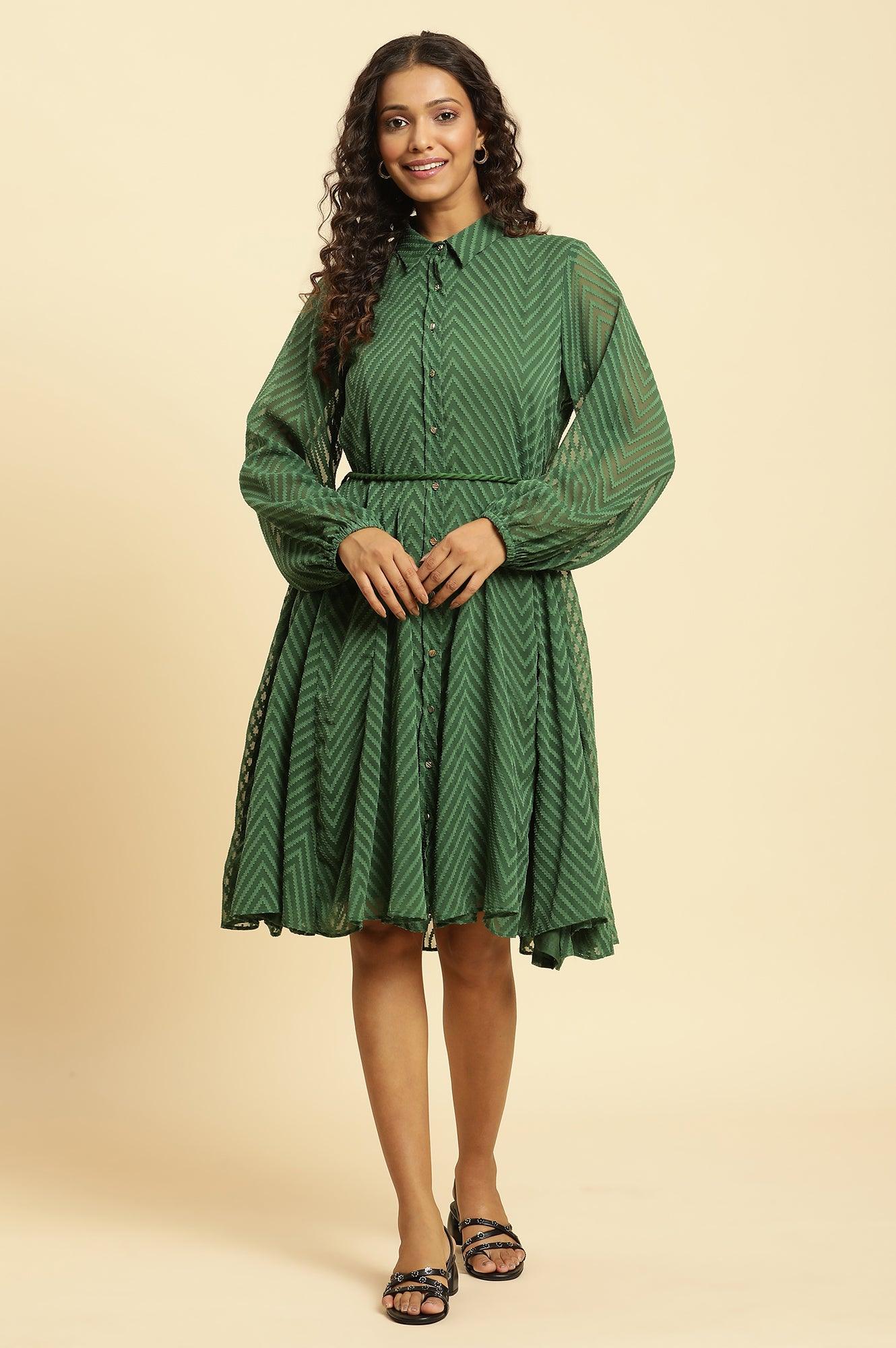 W for Woman Green Shirt Collar Flared Western Dress