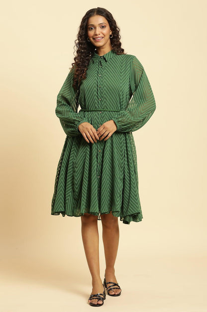W for Woman Green Shirt Collar Flared Western Dress