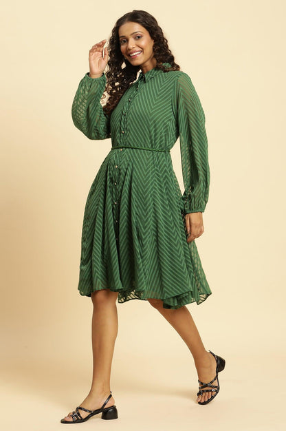 W for Woman Green Shirt Collar Flared Western Dress