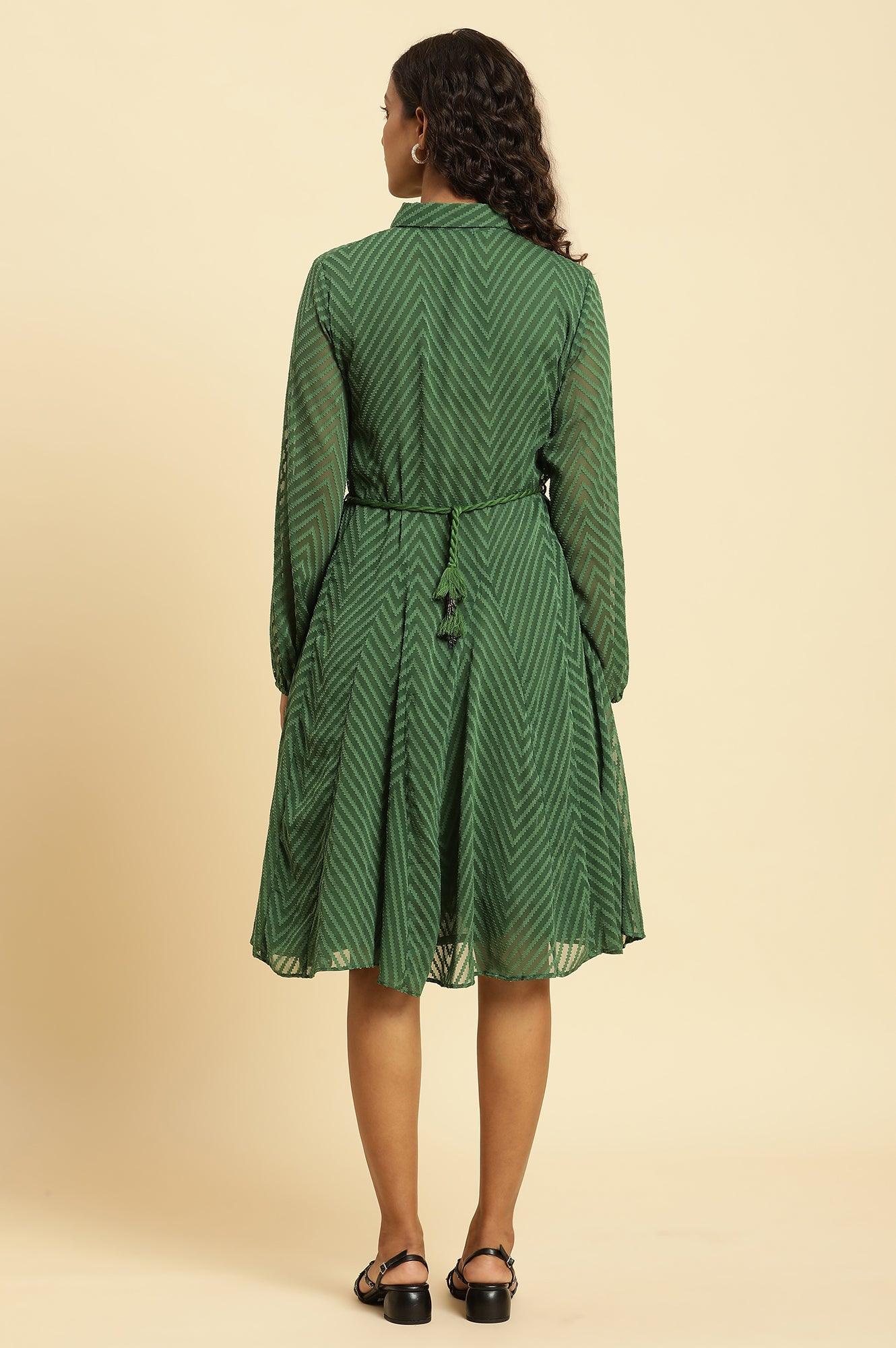 W for Woman Green Shirt Collar Flared Western Dress