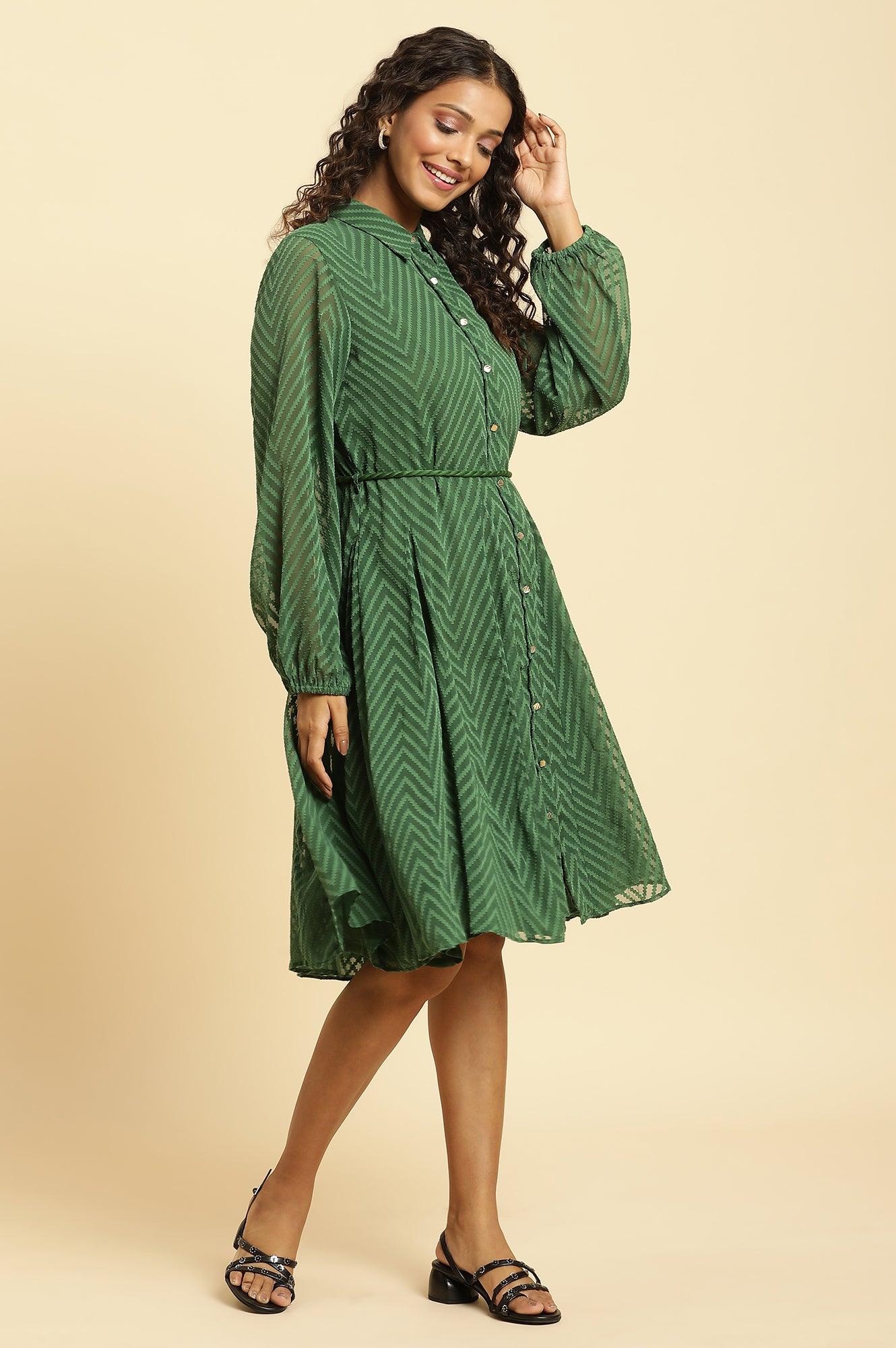W for Woman Green Shirt Collar Flared Western Dress