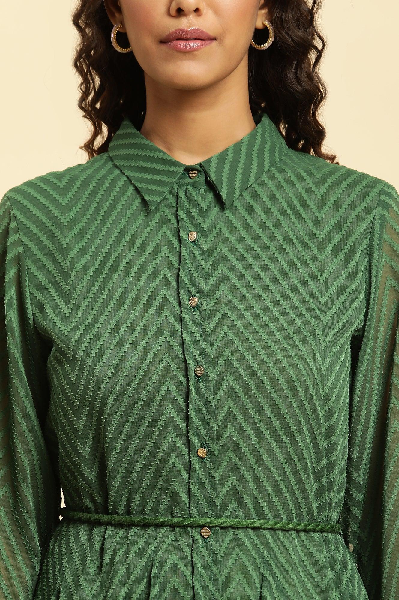 W for Woman Green Shirt Collar Flared Western Dress