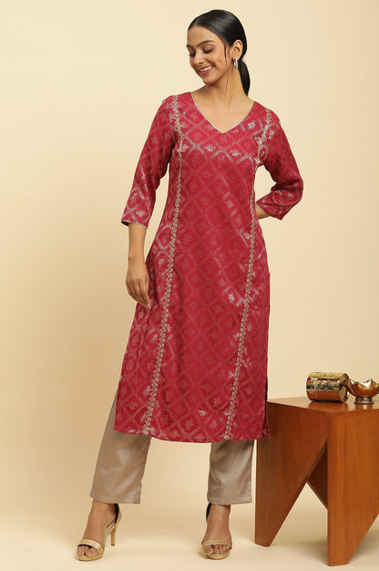 W for Woman Red Rayon Jacquard Sequined Festive Kurta