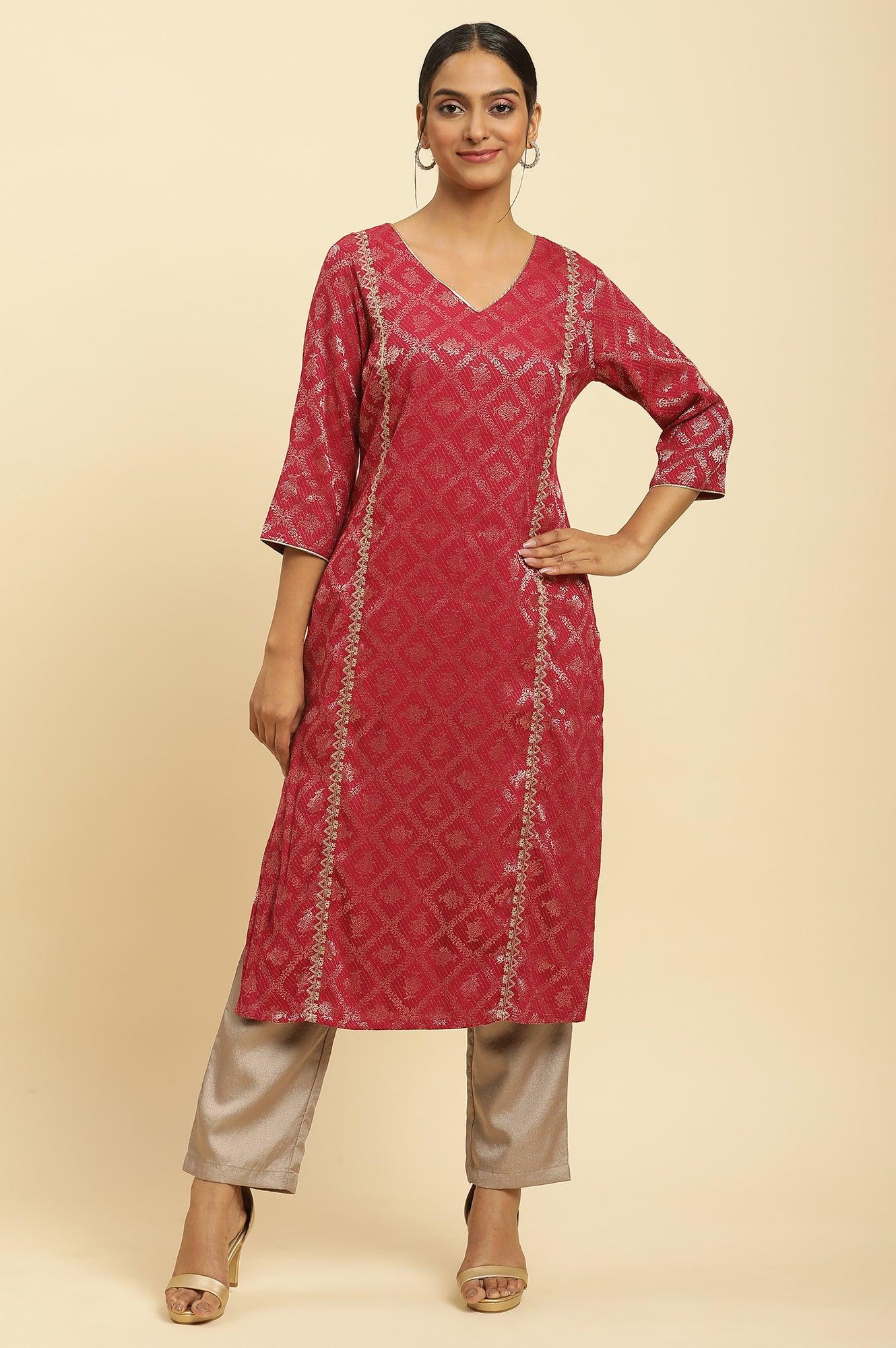 W for Woman Red Rayon Jacquard Sequined Festive Kurta