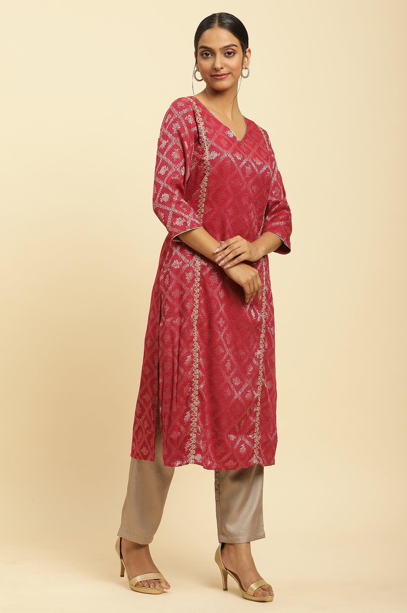 W for Woman Red Rayon Jacquard Sequined Festive Kurta