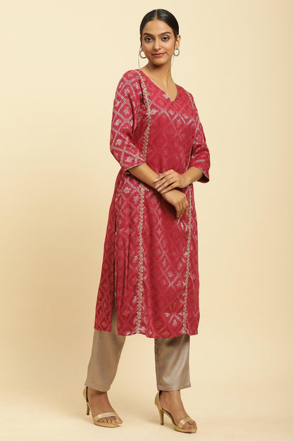 W for Woman Red Rayon Jacquard Sequined Festive Kurta