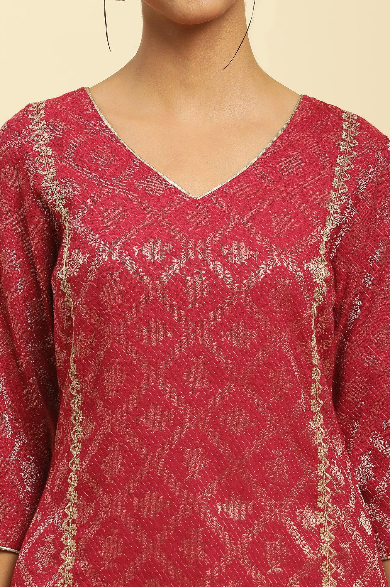 W for Woman Red Rayon Jacquard Sequined Festive Kurta