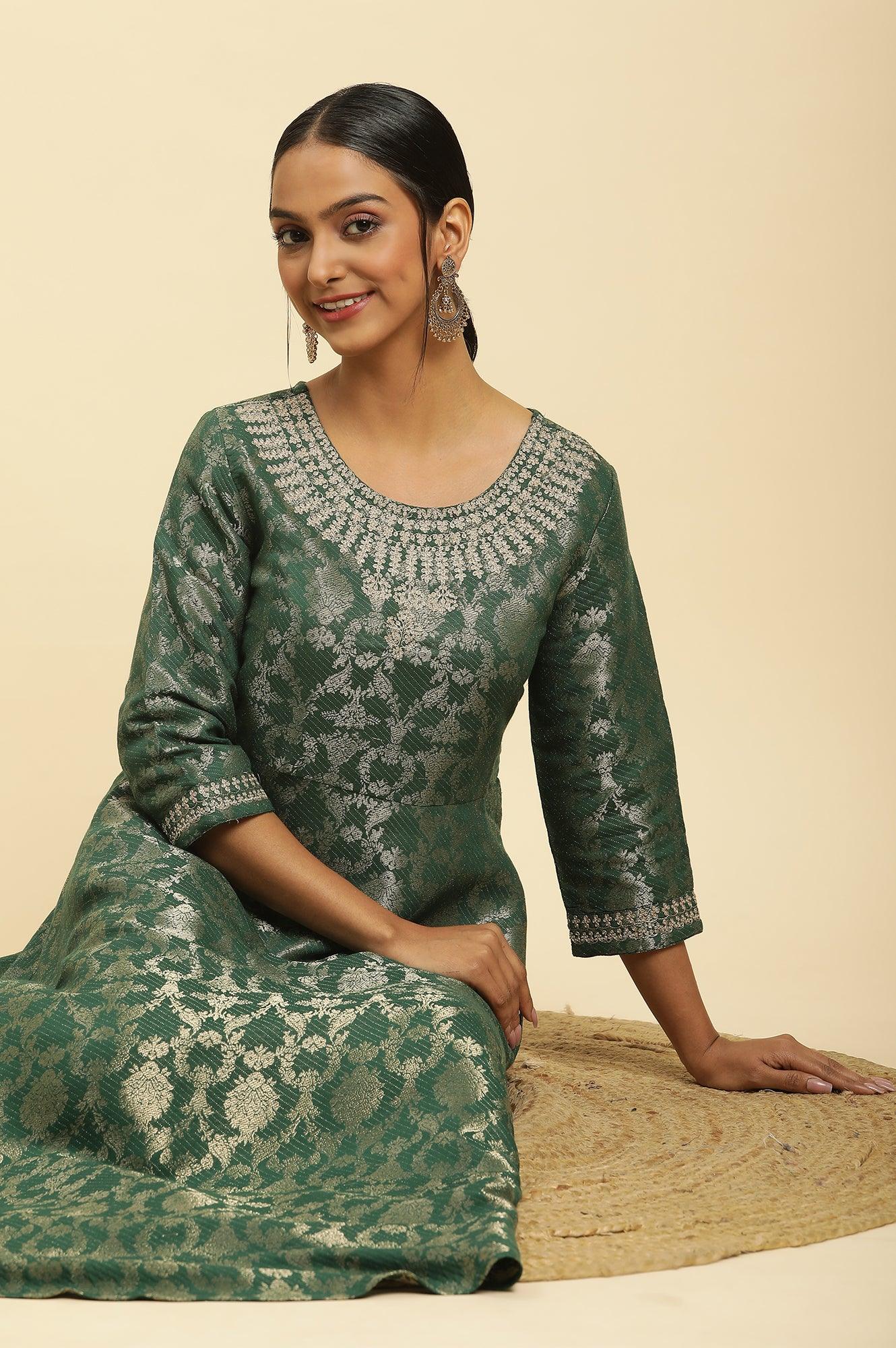 W for Woman Green Jacquard Embroidered Ethnic Dress