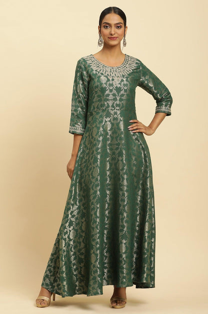W for Woman Green Jacquard Embroidered Ethnic Dress