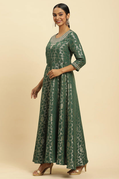 W for Woman Green Jacquard Embroidered Ethnic Dress