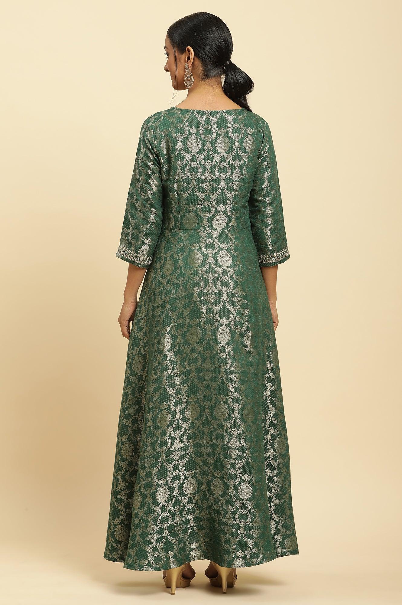 W for Woman Green Jacquard Embroidered Ethnic Dress