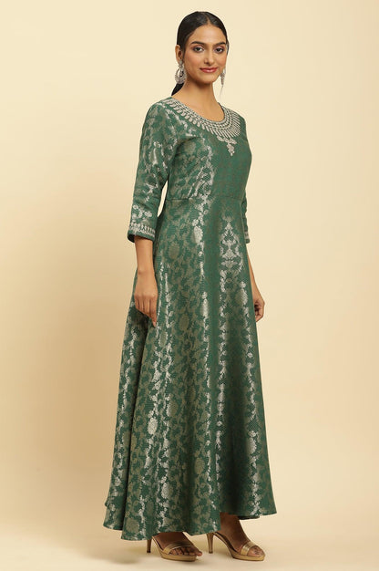 W for Woman Green Jacquard Embroidered Ethnic Dress