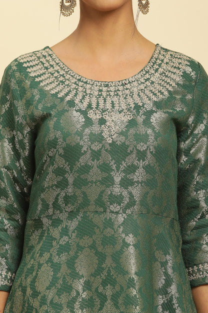 W for Woman Green Jacquard Embroidered Ethnic Dress