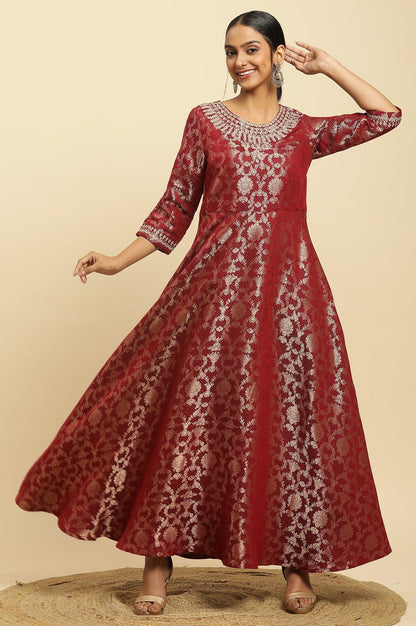 W for Woman Red Jacquard Embroidered Cotton Silk A-Line Ethnic Dress