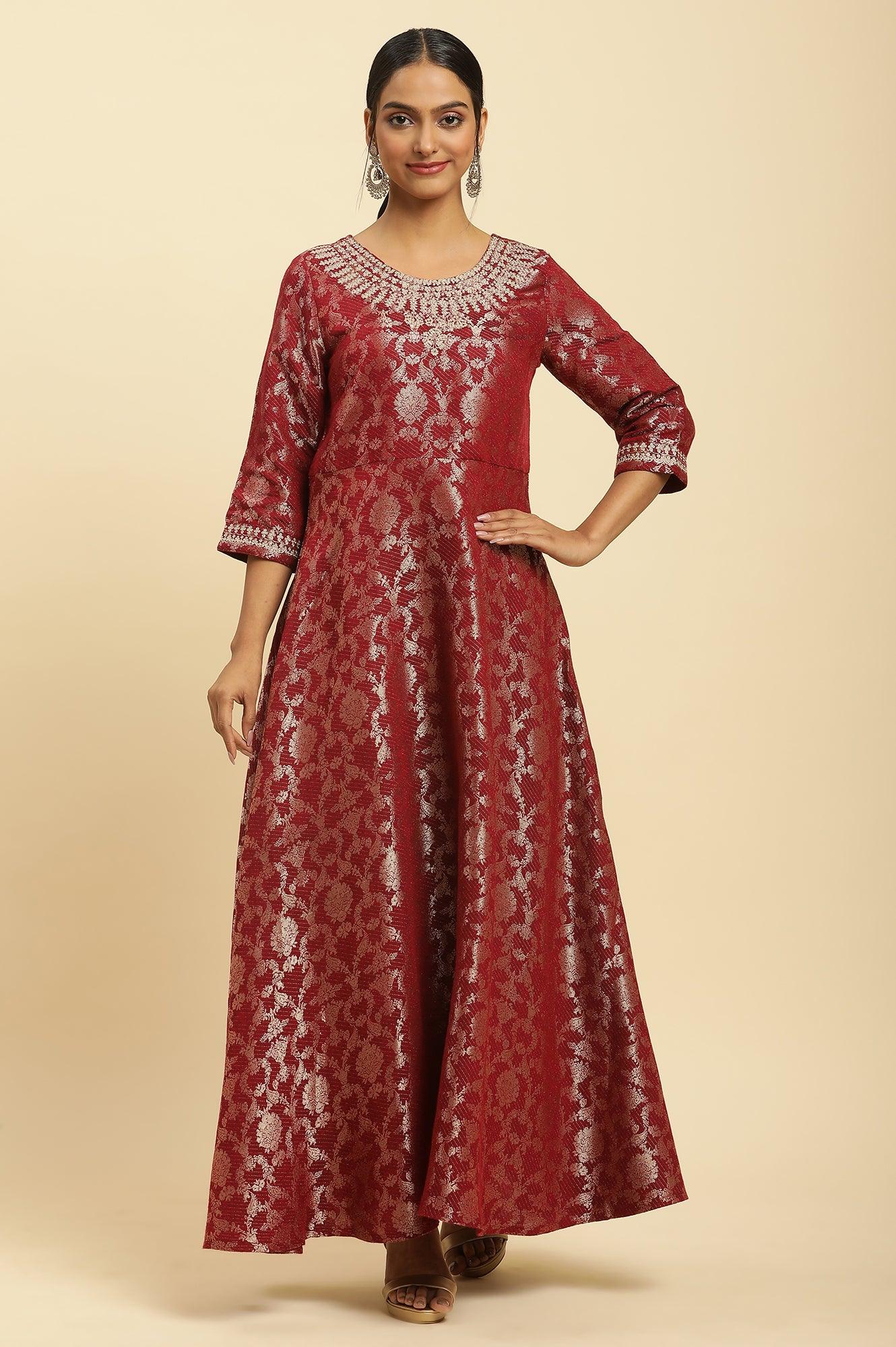 W for Woman Red Jacquard Embroidered Cotton Silk A-Line Ethnic Dress