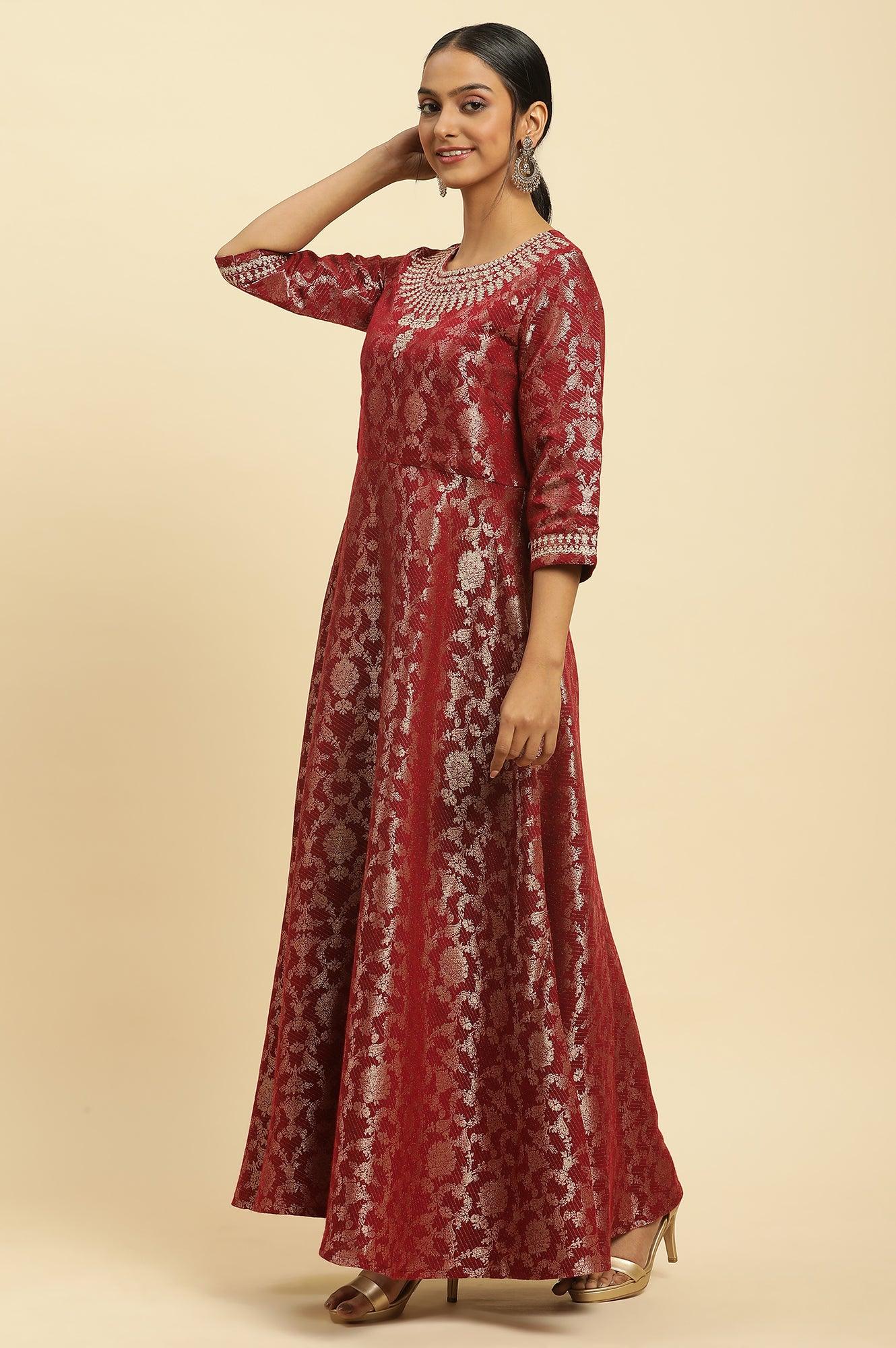 W for Woman Red Jacquard Embroidered Cotton Silk A-Line Ethnic Dress