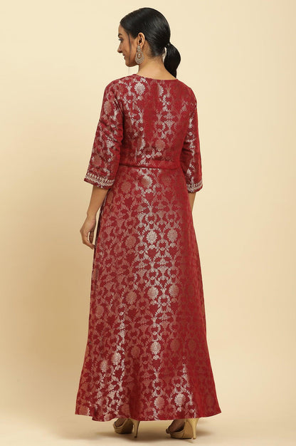 W for Woman Red Jacquard Embroidered Cotton Silk A-Line Ethnic Dress