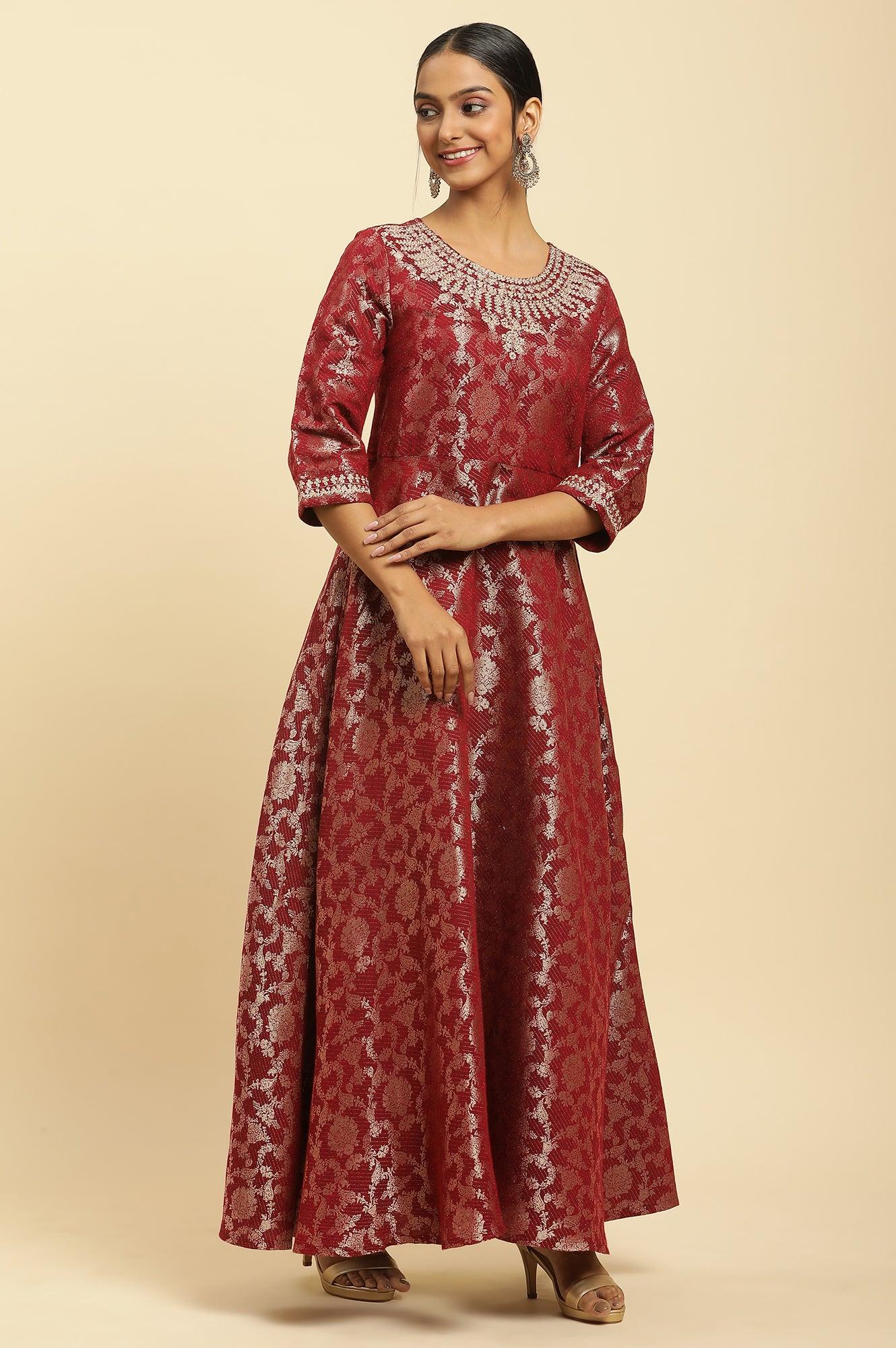 W for Woman Red Jacquard Embroidered Cotton Silk A-Line Ethnic Dress