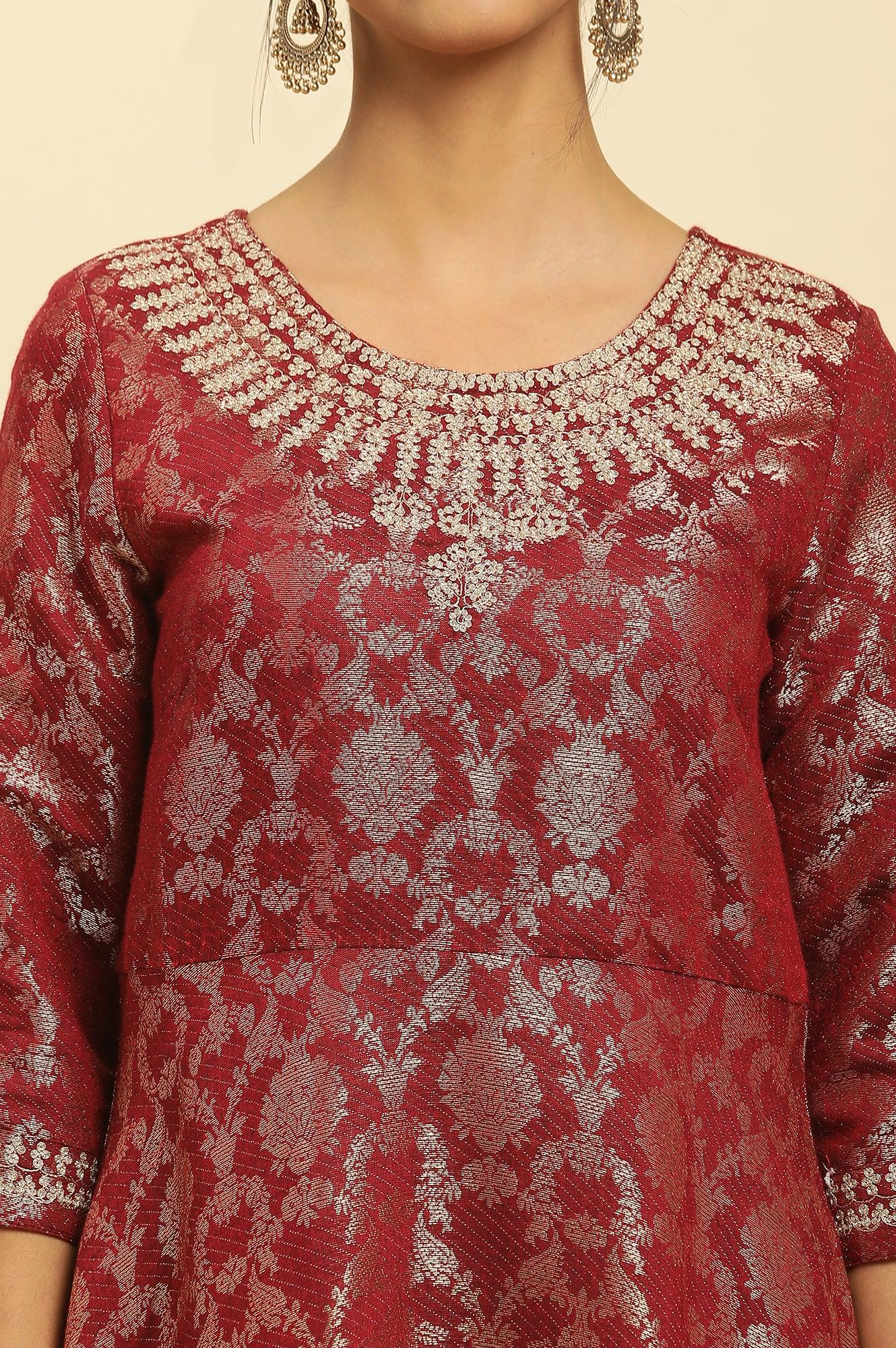 W for Woman Red Jacquard Embroidered Cotton Silk A-Line Ethnic Dress