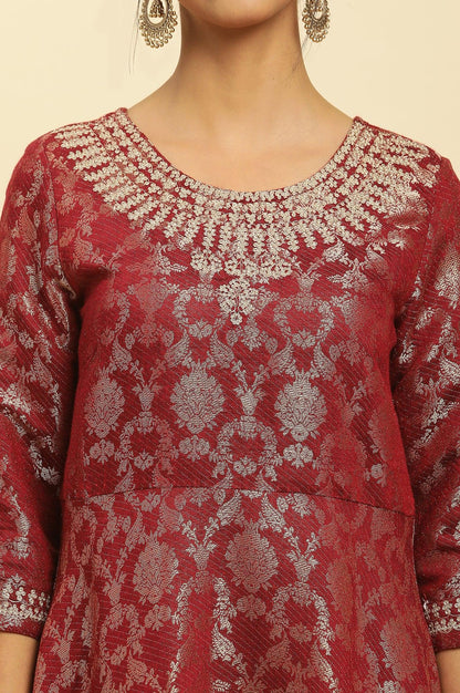 W for Woman Red Jacquard Embroidered Cotton Silk A-Line Ethnic Dress