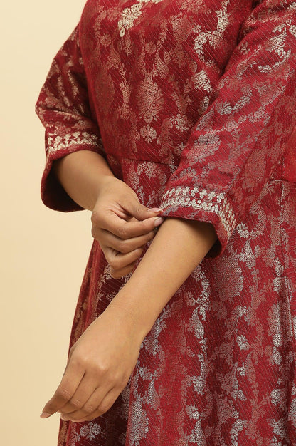 W for Woman Red Jacquard Embroidered Cotton Silk A-Line Ethnic Dress